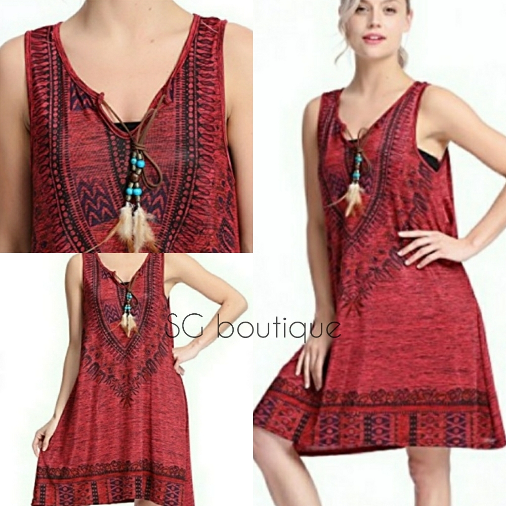 🆕⭐Arimis "Boho red" in red feather tank dress
